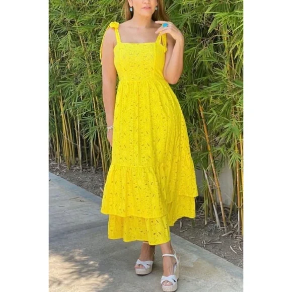Flying Tomato Yellow Lace Double Ruffle Layer Midi Dress - Picture 2 of 8